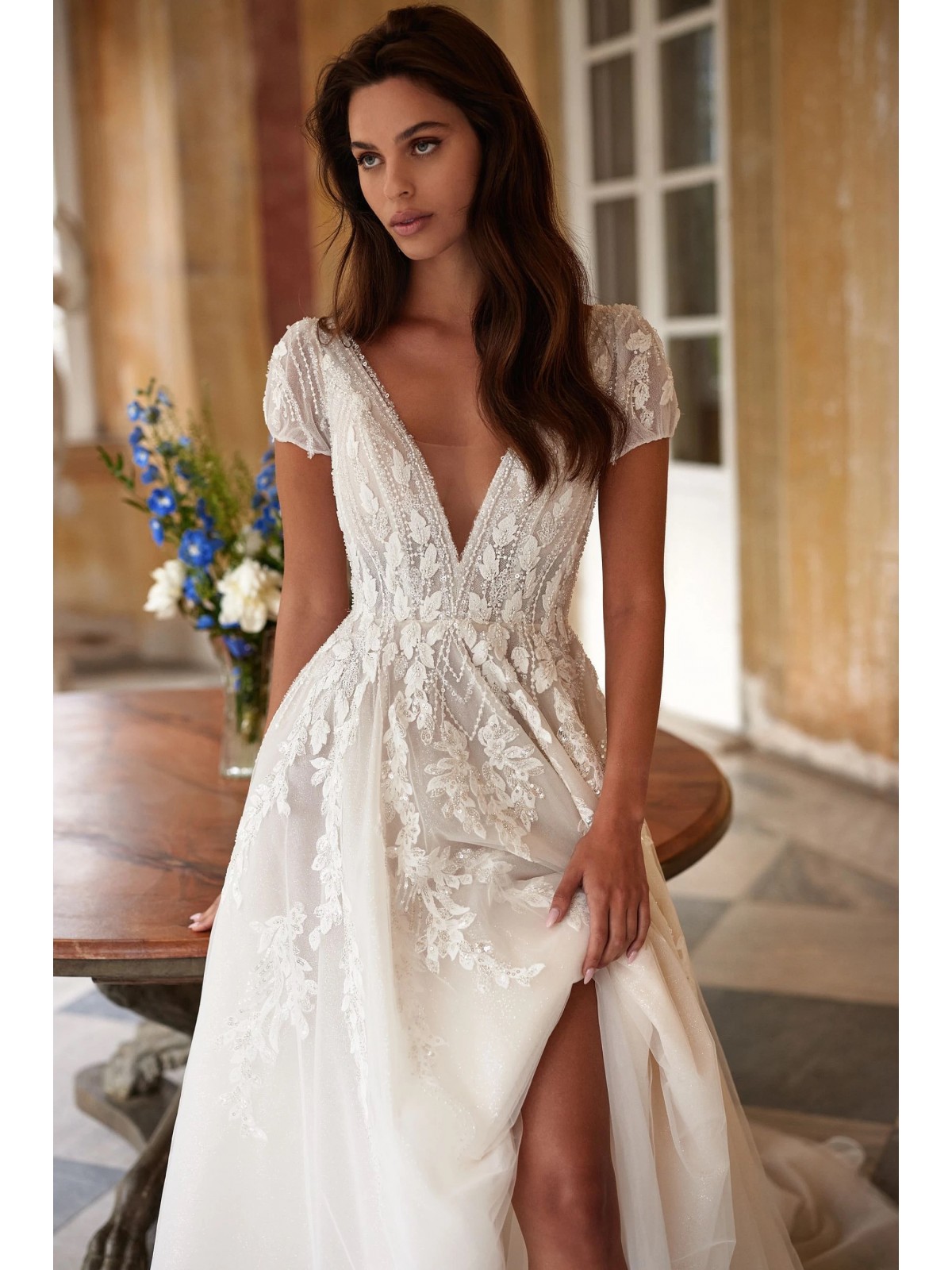 Luxury Wedding Dress - A-line Deep V-neck Beading and Skirt with Lining - Splendora - LIDA-01353.42.17